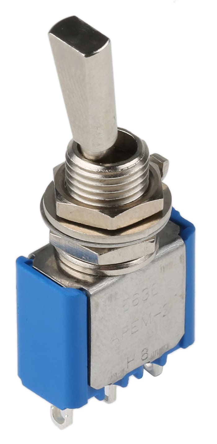 5636A9 The APEM 5636A9 is a panel-mount toggle switch with an On-On, SPDT configuration and solder terminals. It is rated for 30V DC and 250V AC.