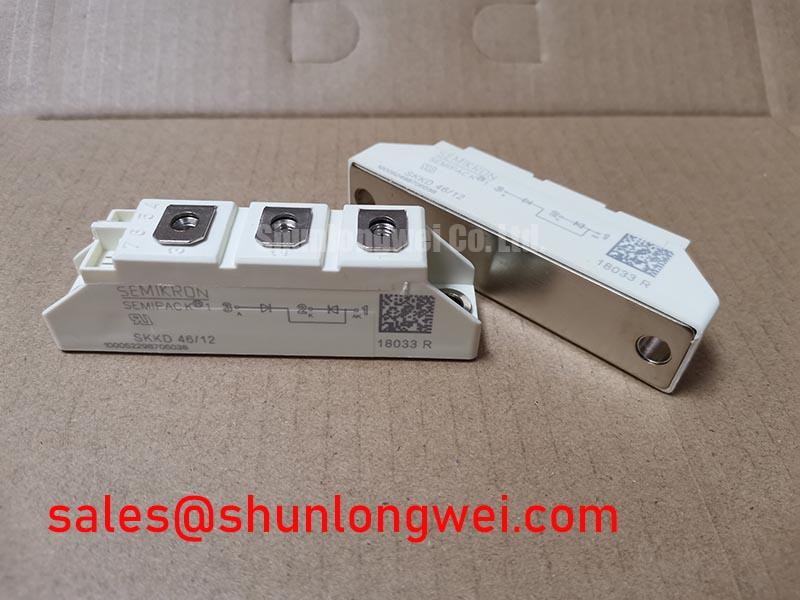 SKKD46/12 The Semikron SKKD46/12 is a rectifier diode module with a 1200V repetitive peak reverse voltage and a 46A mean forward current. It utilizes pressure contact technology for enhanced reliability.