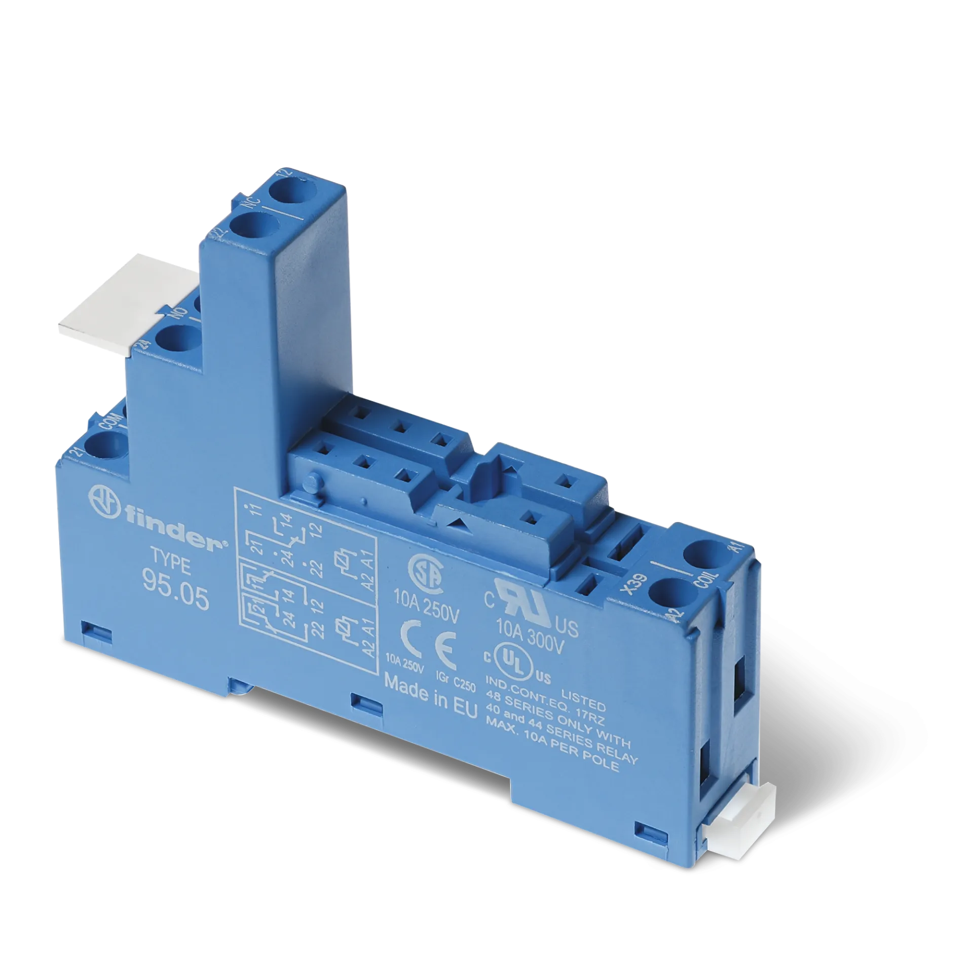95.05 The Finder 95.05 is a relay socket designed for 40/44 series relays. It features screw terminals and DIN rail mounting.