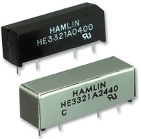 HE3321A1200 The Hamlin HE3321A1200 is a reed relay with a 12VDC coil and a SPST N/O contact configuration. It is designed for PC board mounting.