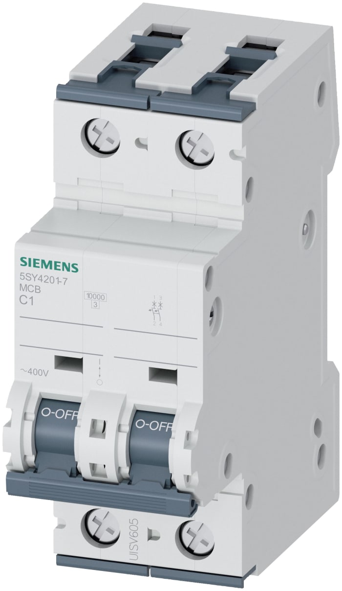 5SY4201-7 The Siemens SENTRON 5SY4201-7 is a 2-pole miniature circuit breaker with a 1A current rating and Type C tripping characteristics. It is designed for DIN rail mounting and offers a 10kA breaking capacity.
