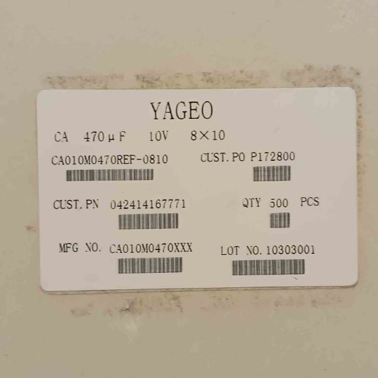 CA010M047REF-0810 The Yageo CA010M047REF-0810 is a capacitor with 470µF capacitance and a 10V voltage rating. It features a surface mount package.