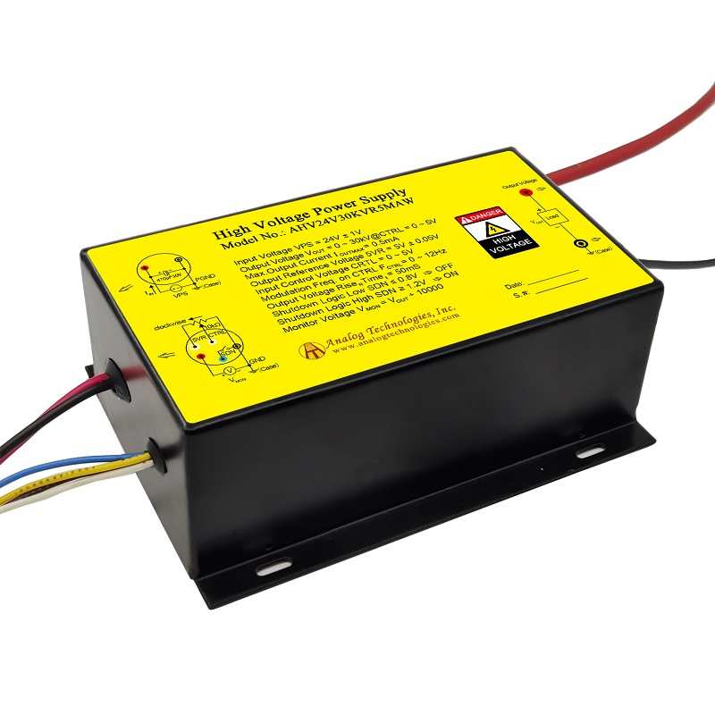 AHV24V30KVR5MAW The Analog Technologies AHV24V30KVR5MAW is a high voltage DC-DC converter designed for demanding applications. It features a 24V input and can deliver an output voltage from 0 to 30kV.