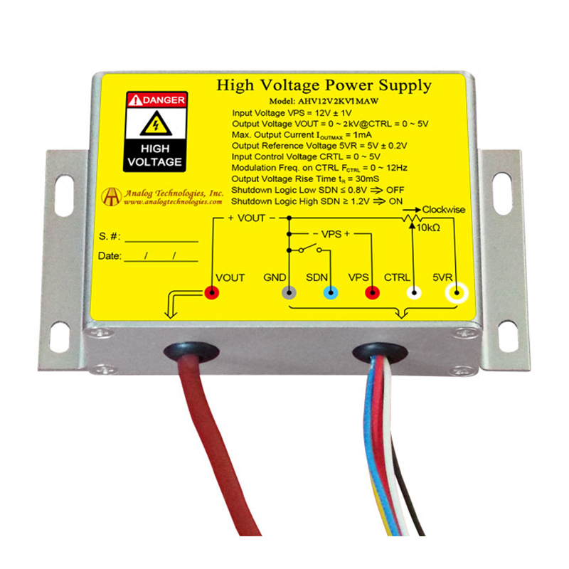 AHV12V2KV1MAW The Analog Technologies AHV12V2KV1MAW is a high voltage DC-DC power supply module. It offers an adjustable output voltage from 0 to 2kV with a 12V input.