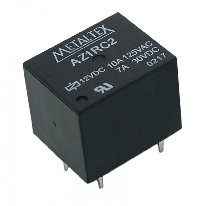AZ1RC2 The METALTEX AZ1RC2 is a miniature power relay featuring a 1 Form C contact configuration and a 10A current rating. It operates with a 12VDC coil and is designed for PCB mounting.