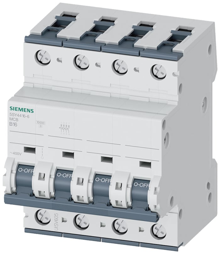 5SY4416-6 The Siemens 5SY4416-6 is a 4-pole miniature circuit breaker with a 16A current rating and 400V AC voltage rating. It features a Type B tripping characteristic and a 10kA breaking capacity.