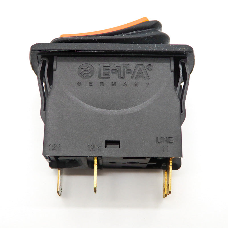 3120-N554-P7T1-W15DY3-5A Thermal circuit breaker from E-T-A, rated 5A at 240V AC and 50V DC. Features 2 poles, panel mount, rocker actuator with orange illumination.