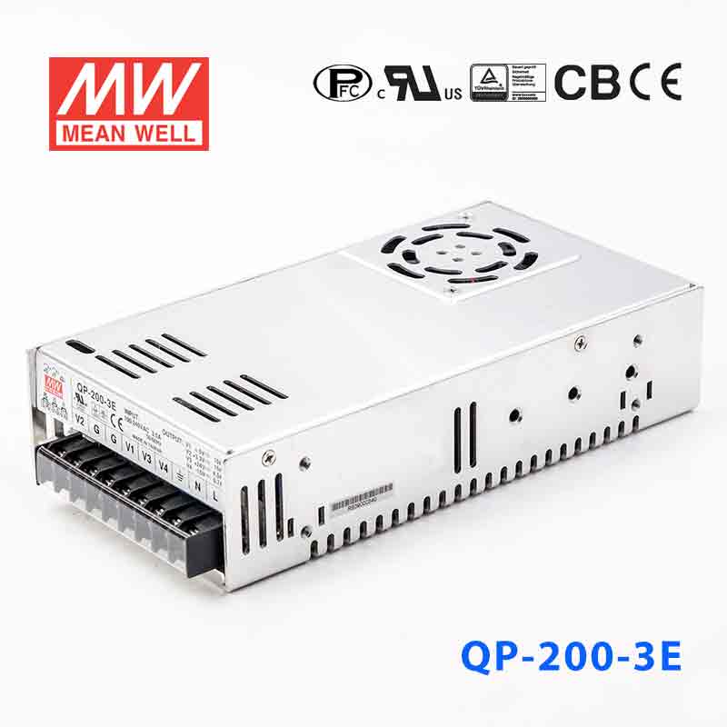 QP-200-3A The Mean Well QP-200-3A is a 200W enclosed AC/DC converter with a 5V output voltage and universal input range. It features over-voltage protection and a chassis mount.
