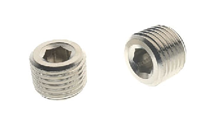 1761057 This RS PRO plug fitting is constructed from nickel-plated brass and offers a connection size ranging from M5 to 1 inch. It supports multiple thread standards including NPTF, BSPP, BSPT, and Metric.
