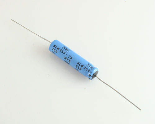 NLW250-25E The Cornell Dubilier Electronics NLW250-25E is an axial aluminum electrolytic capacitor with a capacitance of 250µF and a voltage rating of 25VDC. It is designed for operation up to 105°C.