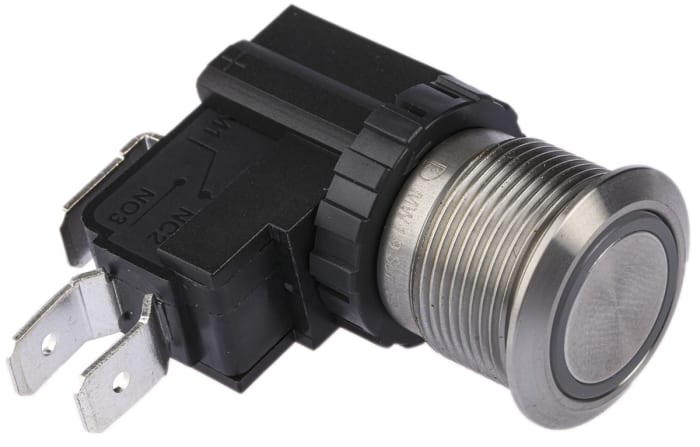 175-8028 This RS PRO maintained push button switch offers a robust solution for various applications. It features a panel mount design with a 19.1mm cutout and an IP67 rating.