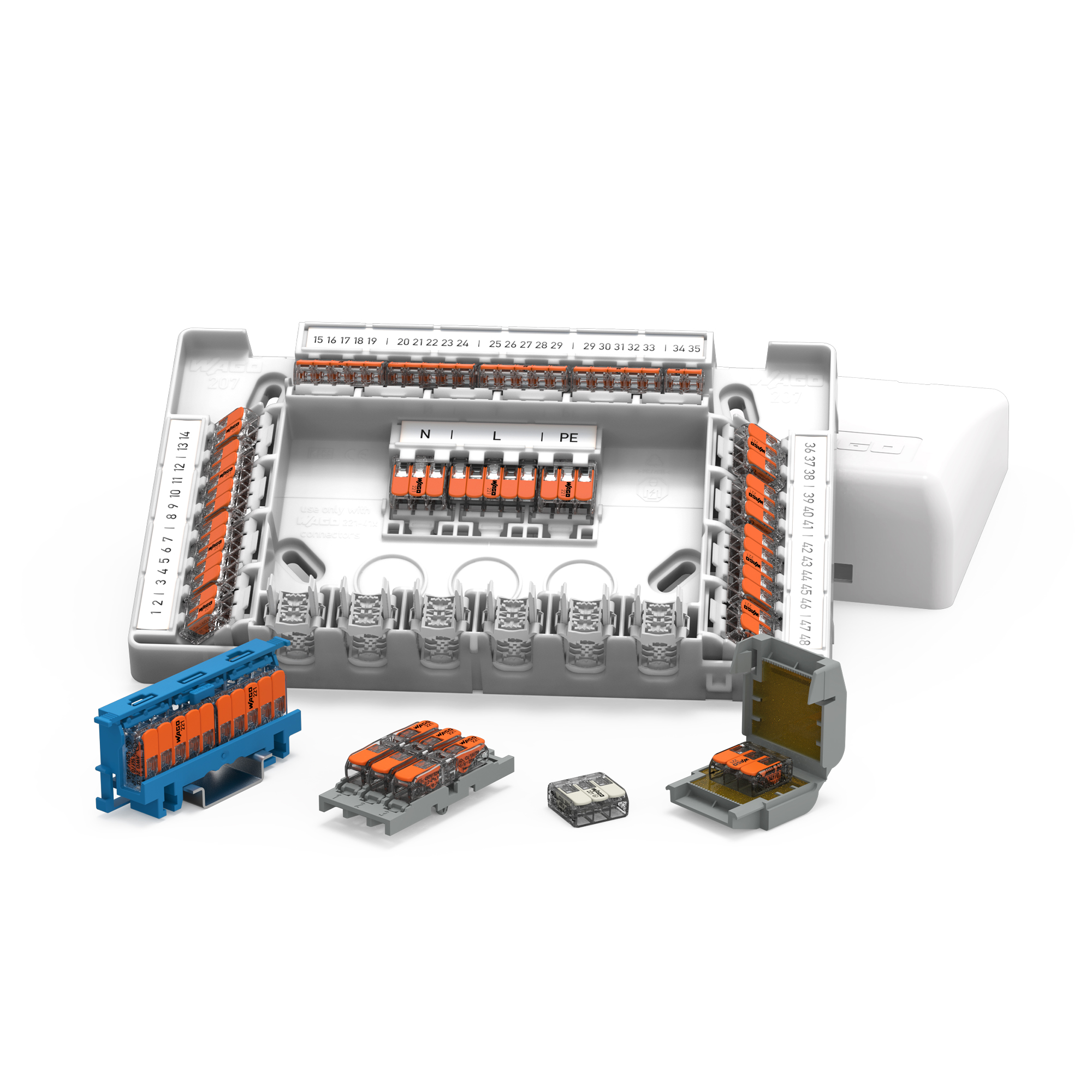 221-415 The Wago 221-415 is a 5-conductor splicing connector featuring lever actuation for easy connection of solid, stranded, and fine-stranded conductors up to 4mm². It is rated for a maximum of 450V and 32A.