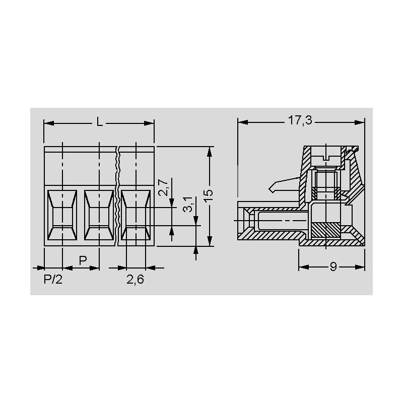 AKZ950/2-5.08 The PTR AKZ950/2-5.08 is a green terminal multiconnector featuring a 5.08mm pitch and screw cage clamp termination. It is rated for 16A and supports wire cross-sections up to 2.5mm².