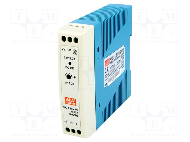 MDR-20-24 The Mean Well USA MDR-20-24 is an enclosed industrial DIN rail power supply. It provides 24W of power with a 24V DC output voltage and a universal AC/DC input.