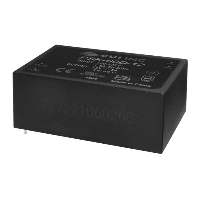 PSK-60D-12 The CUI Inc. PSK-60D-12 is a 60W AC-DC converter with a 12VDC output. It features a wide input voltage range of 85-305 VAC and is designed for through-hole mounting.