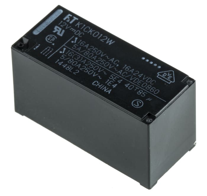 FTR-K1CK012W This Fujitsu FTR-K1CK012W is a PCB mount power relay with a 12V dc coil and a 16A switching current capacity. It features a Single Pole Double Throw (SPDT) contact configuration.
