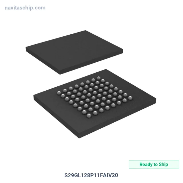 S29GL128P11FAIV20 The Infineon S29GL128P11FAIV20 is a 128Mbit parallel NOR flash memory IC. It operates with a supply voltage range of 1.65V to 3.6V and has an access time of 110ns.