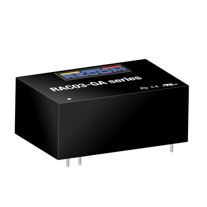 RAC03-12SGA The Recom RAC03-12SGA is a 3W AC/DC power supply providing a 12V DC output at 250mA. It operates from an 85-305 VAC input range with 78% efficiency.