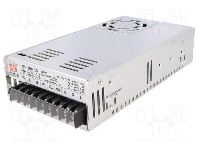 QP-200-3C The Mean Well USA QP-200-3C is an enclosed AC/DC converter with a power rating of 210W. It features a 15V output voltage and chassis mount.