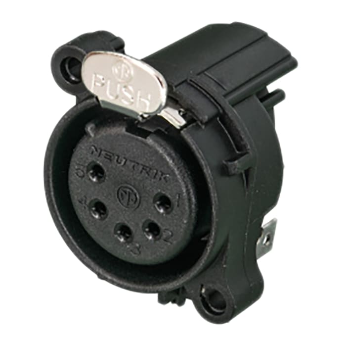 RSNC5FAH-D The Neutrik RSNC5FAH-D is a straight, female XLR connector designed for PCB mounting. It features 5 gold-plated contacts and a plastic housing.