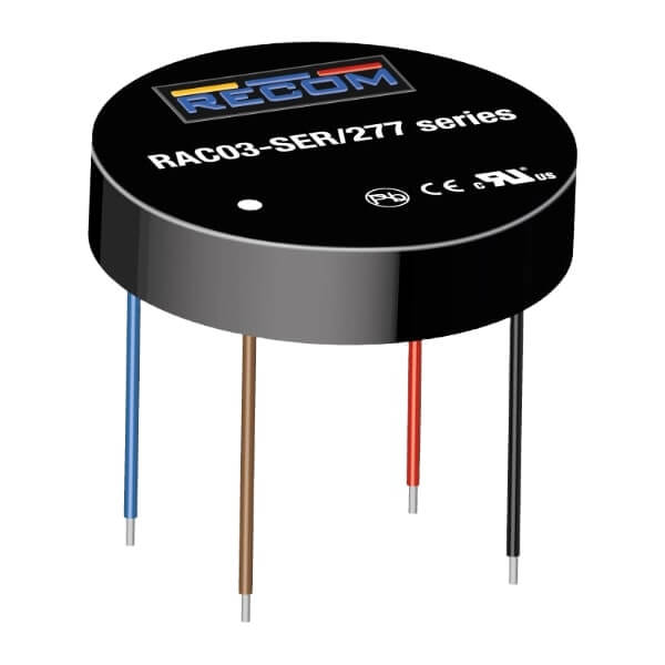 RAC03-3.3SER/277-TRAY The Recom Power RAC03-3.3SER/277-TRAY is an enclosed AC/DC converter with a 3W power rating. It features a 3.3VDC output and accepts a wide input voltage range of 85-305VAC.