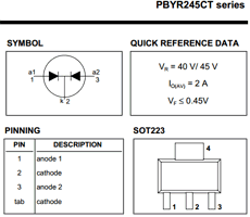 PBYR245CT The PBYR245CT is a Schottky Barrier Rectifier Diode from Philips, rated for 45V reverse voltage and 2A forward current. It comes in a surface-mount SOT-223 package.