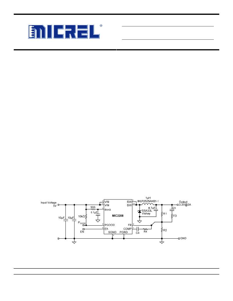MIC2208YML-TR The Micrel Inc. MIC2208YML-TR is a high-efficiency PWM buck regulator capable of delivering up to 3A of output current. It operates at 1MHz and features adjustable output voltage down to 1V.