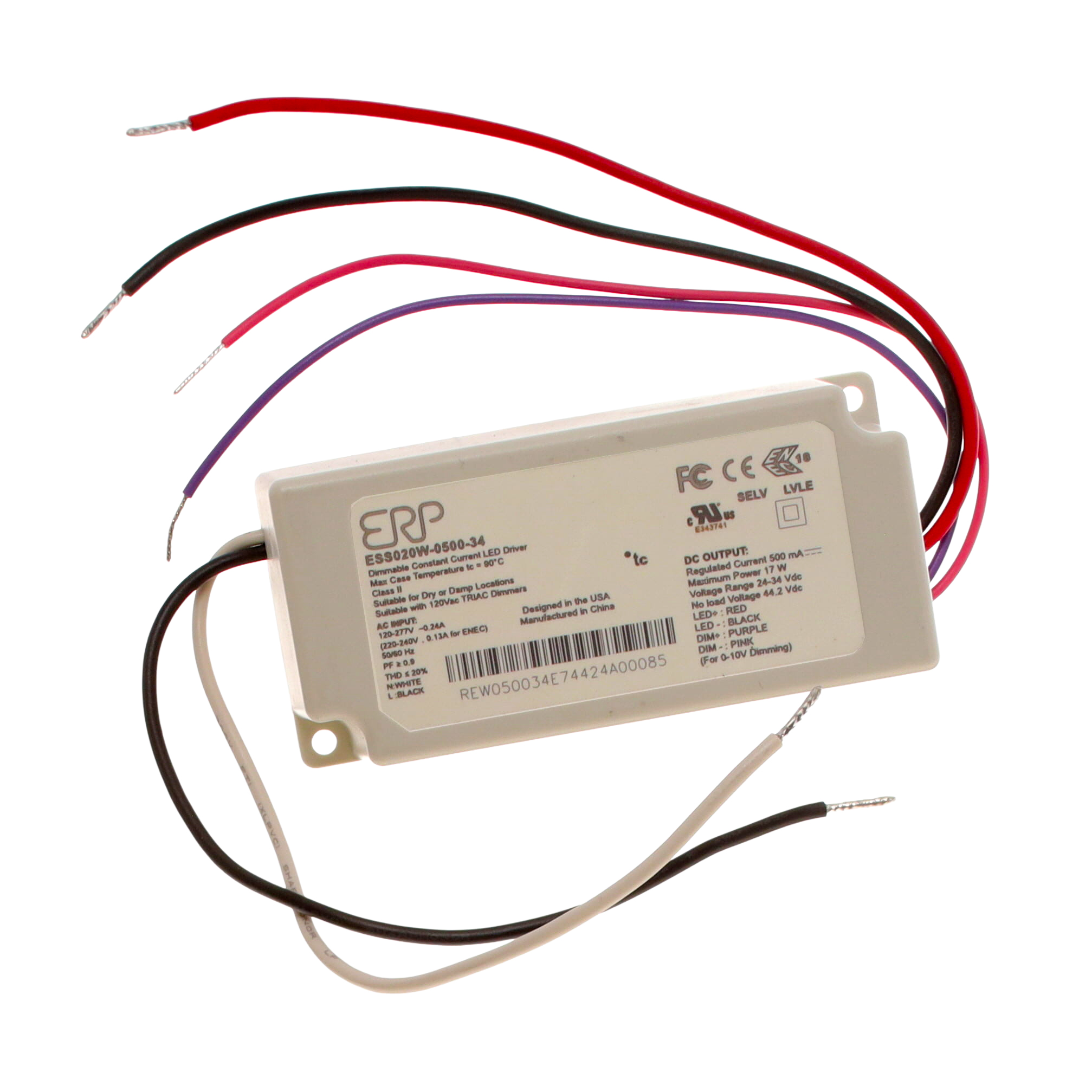 ESS020W-0500-34 The ESS020W-0500-34 is a 17W constant current LED driver from ERP Power with 120-277VAC input and 500mA output. It features Tri-Mode Dimming™ (TRIAC, ELV, 0-10V) and 87% efficiency.