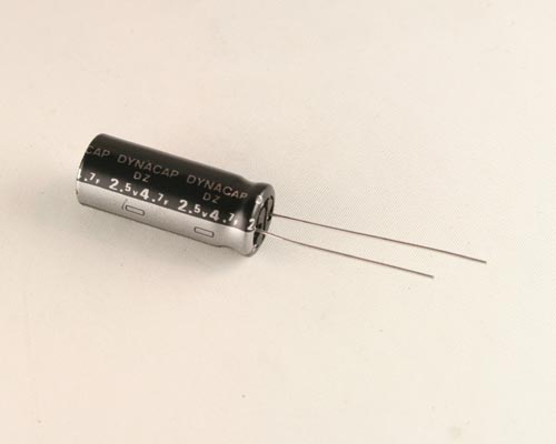 DZ-2R5D475N The ELNA DZ-2R5D475N is an aluminum electrolytic radial capacitor with a capacitance of 4.7uF and a voltage rating of 2.5VDC. It features radial leads and a bulk package.