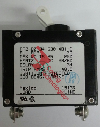 AA2-B0-34-630-4B1-I The Littelfuse Inc. AA2-B0-34-630-4B1-I is a double pole circuit breaker rated for 30A and 250V. It features a panel mount design and a magnetic hydraulic delay trip type.