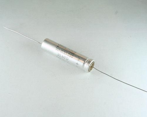 WHB30-350 The Cornell Dubilier Electronics WHB30-350 is an aluminum electrolytic capacitor with a capacitance of 30µF and a voltage rating of 350V. It features an axial package.