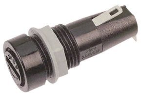 HTC-35M Panel mount fuseholder for 5mm x 20mm cartridge fuses. Rated 6.3A at 250V AC with tin-plated brass terminals and thermoplastic body.