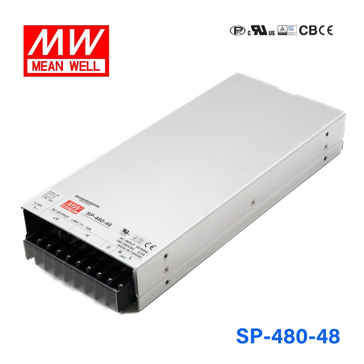 SP-480-48 The Mean Well SP-480-48 is an enclosed AC/DC power supply delivering 480W at 48V. It features universal AC input and active PFC.