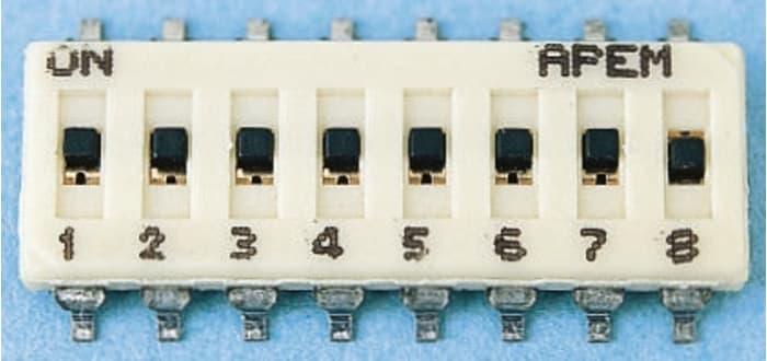 IKN0603000 The APEM IKN0603000 is a Slide Rotary Coded DIP Switch designed for surface mounting. It features a tape seal, gold contact finish, and operates at up to 24VDC with a 100mA current rating.