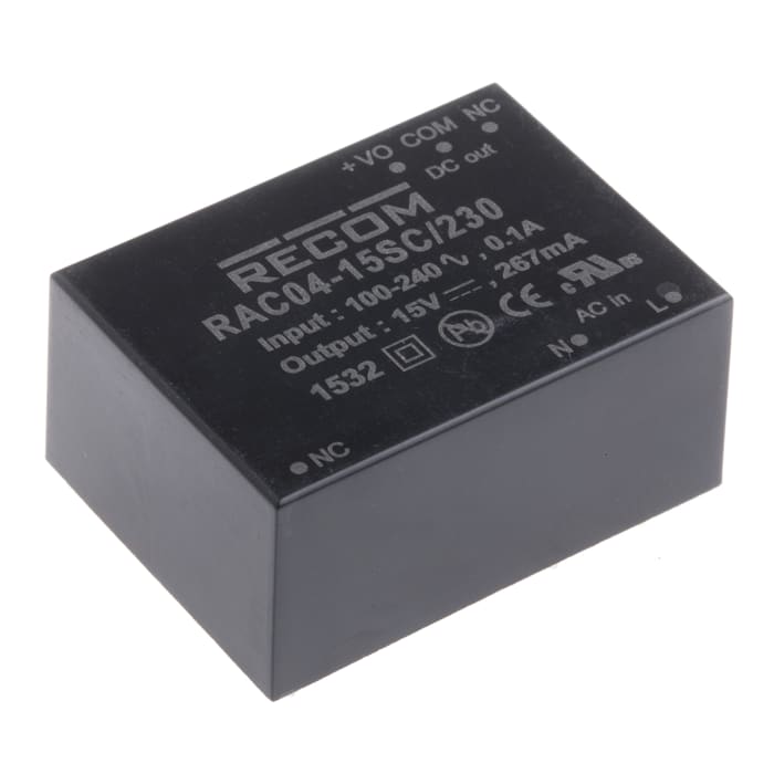 RAC04-15SC/230 The Recom RAC04-15SC/230 is a 4W AC DC converter with a 15V output and 267mA current. It operates from an 80-264VAC input range.