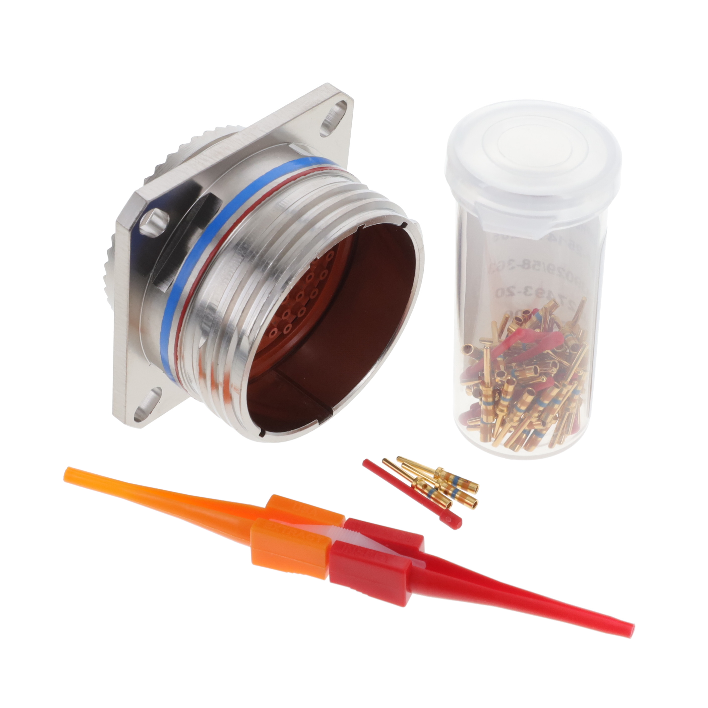 D38999/20KJ61PA D38999/20KJ61PA is a 61-position circular connector receptacle with male pins, gold crimp termination, and panel mount with flange. It is shielded and environment resistant, suitable for aerospace applications.
