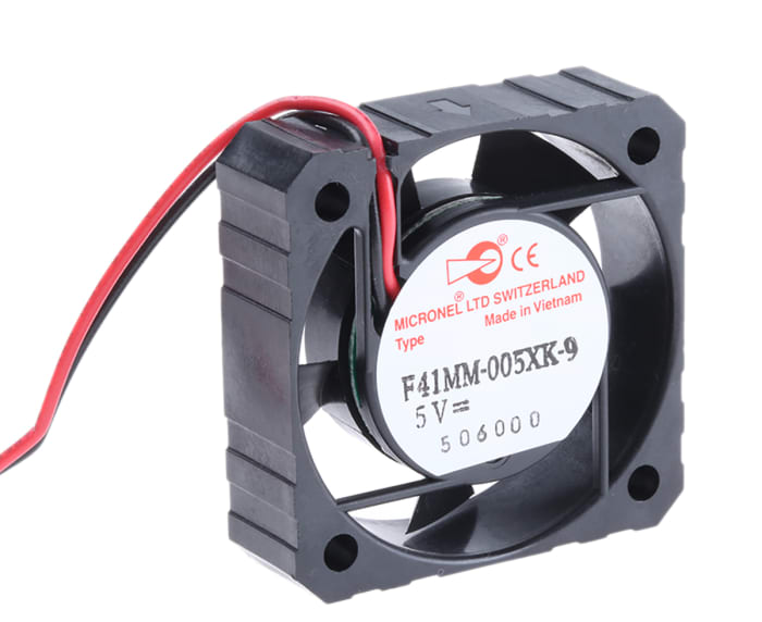 F41MM-005XK-9 The Micronel F41MM-005XK-9 is a 5V DC axial fan from the F41 series, delivering an airflow of 8.4 m³/h. It operates at 5400rpm with a noise level of 20dB.