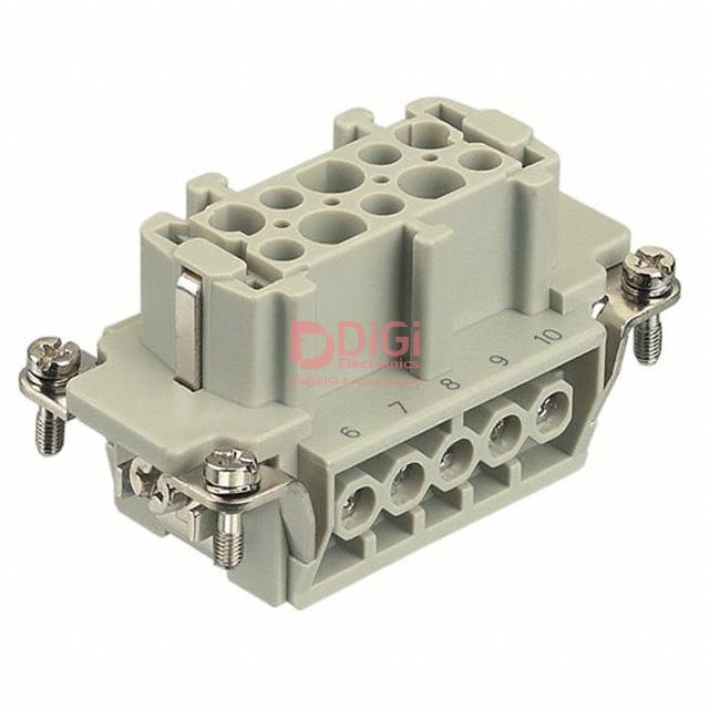 9330102701 This HARTING 09330102701 is a female heavy duty connector insert with 10+Ground positions and screw termination. It is rated for 16A and 600V.