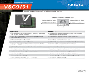 VSC9191YYX The Microsemi VSC9191YYX is a switch fabric component with a non-blocking switch core, offering 2 ports and a 100Gbps data rate. It comes in an FCBGA package.