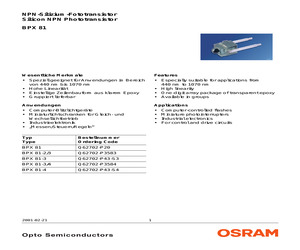 BPX81-3 The Siemens BPX81-3 is a phototransistor with a peak sensitivity wavelength of 850 nm. It operates within a temperature range of -40°C to 80°C.