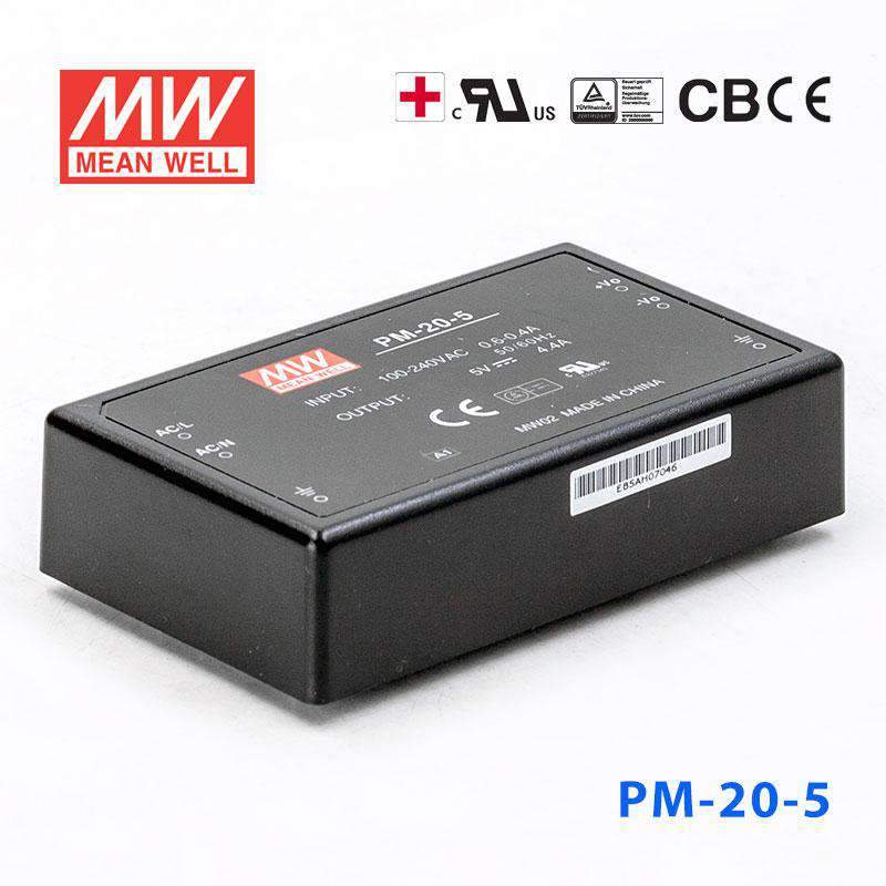 PM-20-5 The Mean Well PM-20-5 is a 22W AC/DC power supply with a 5V output voltage. It features universal AC input and protections against short circuit, overload, and over voltage.
