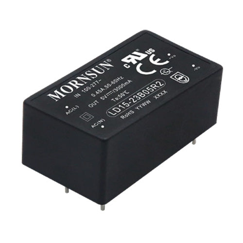 LD15-23B12R2 The Morning Star Industrial LD15-23B12R2 is a 15W AC/DC converter with a 12Vdc output voltage and 1.25A maximum current. It operates from an 85-305Vac input range.