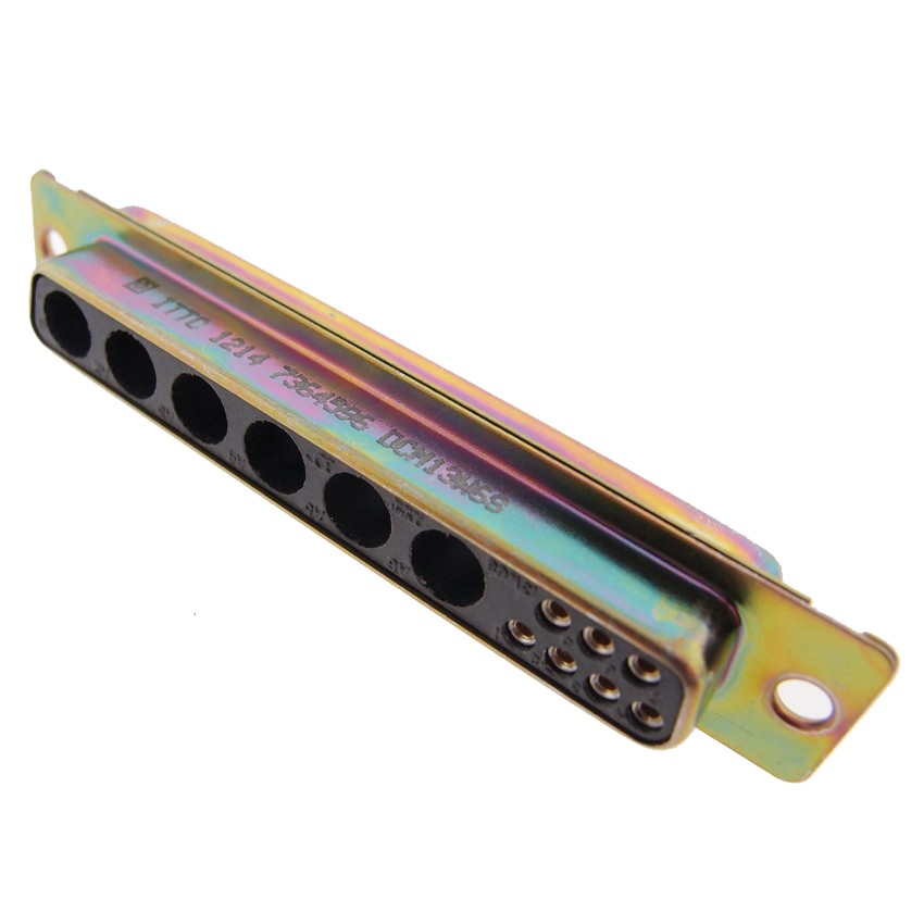 DCM13W6S ITT Cannon DCM13W6S is a D-Sub Combo receptacle with 13 positions (7 signal + 6 coax or power), panel mount, and solder cup termination. It features gold flash contacts and a steel shell with yellow chromate finish.