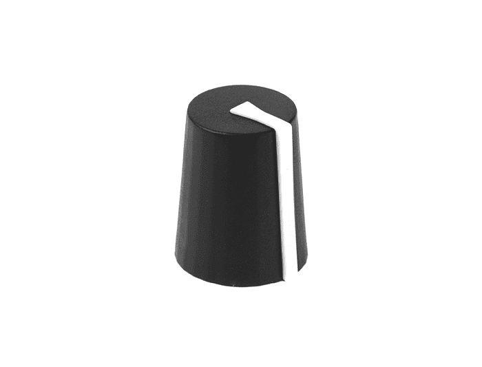 1108 Fluted cylindrical knob from Davies Molding, 12mm diameter and 14.48mm height. Made of two-shot molded thermoplastic in black or white with a line indicator on top and side.