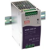 WDR-240-48 The WDR-240-48 from Mean Well USA is a 240W DIN Rail power supply with a nominal 48V output at 5A. It accepts a wide AC input range of 180 to 550VAC and features PFC and adjustable output.