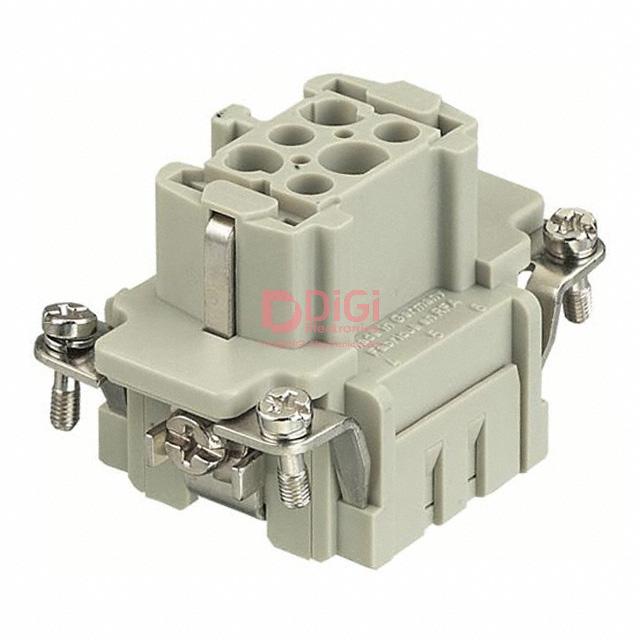 9330062702 This Harting 09330062702 is a female insert for heavy duty connectors, featuring 6+Ground positions and Crimp termination. It is rated for 600V and 16A.