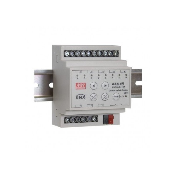 KAA-8R-16S The Mean Well KAA-8R-16S is an 8-channel KNX actuator with a 16A current rating. It offers easy configuration via ETS 5.0 and a compact design suitable for various applications.