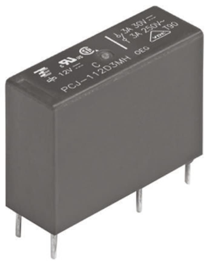 PCJ-112D3M-WG This TE Connectivity PCJ Series PCB Power Relay features a 12V DC coil and a 5A switching current with an SPST contact configuration. It is designed for PCB mounting.