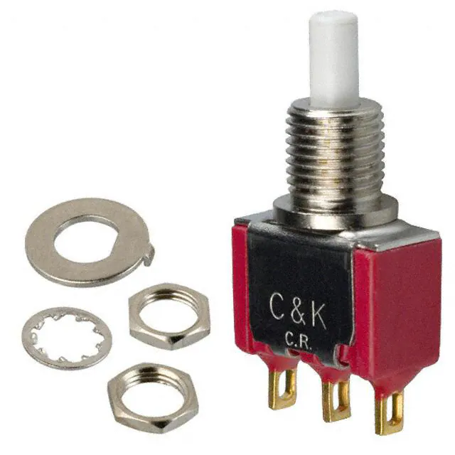 8121SHZGE The C&K 8121SHZGE is a pushbutton switch with an SPDT circuit, rated for 1A at 120V AC. It features a panel mount, rear mounting type.