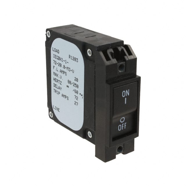 IEGBX1-1-72-20.0-A-N3-V Sensata IEGBX1-1-72-20.0-A-N3-V is a magnetic-hydraulic rocker circuit breaker rated 20A with series trip configuration.